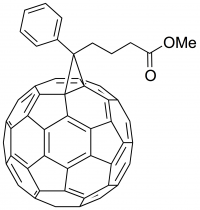 Phenyl-C61-Buttersäure-Methylester (PCBM), ein organischer n-Halbleiter und verbreiteter Elektronendonator in organischen Solarzellen